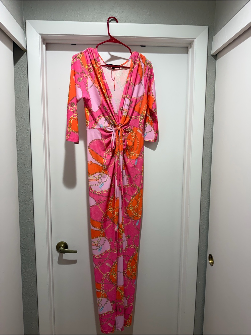 Pink & Orange Tie-Front Maxi Dress with Chain Print